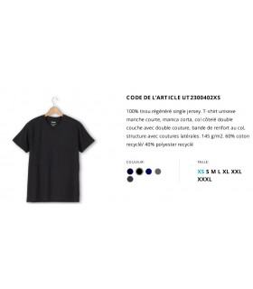 T-SHIRT UNISEXE 100% TISSU REGENERE COTON ET POLYESTER RECYCLE - UT23004