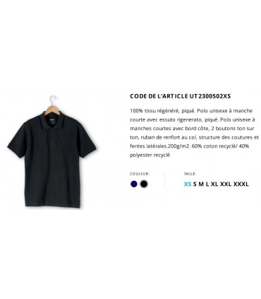 POLO UNISEXE 100% TISSU REGENERE COTON ET POLYESTER RECYCLE - UT23005