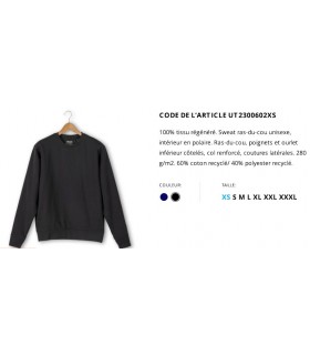 SWEAT RAS-DU-COU UNISEXE 100% TISSU REGENERE COTON ET POLYESTER RECYCLE - UT23006