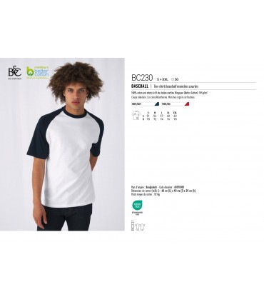 TEE-SHIRT BASEBALL HOMME ECO-RESPONSABLE - BC230