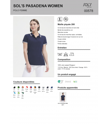 Polo femme col contrasté Pasadena 200