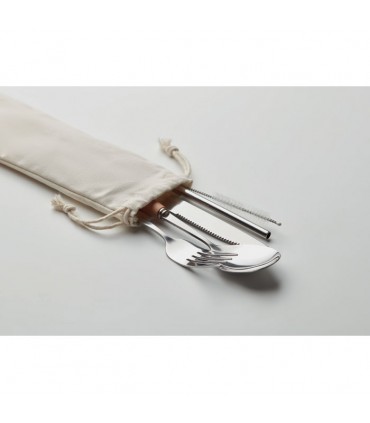 Set de couverts réutilisables inox et bois avec pochette personnalisable
