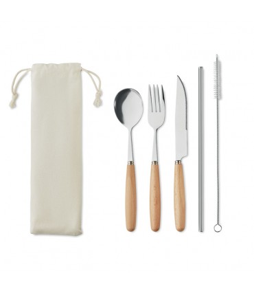 Set de couverts réutilisables inox et bois avec pochette personnalisable