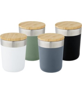 Mug isotherme publicitaire Lagan 330 ml en acier inoxydable avec couvercle bambou