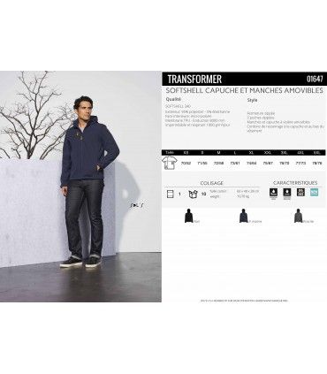 VESTE SOFTSHELL CAPUCHE ET MANCHES AMOVIBLES TRANSFORMER | ref :  01647